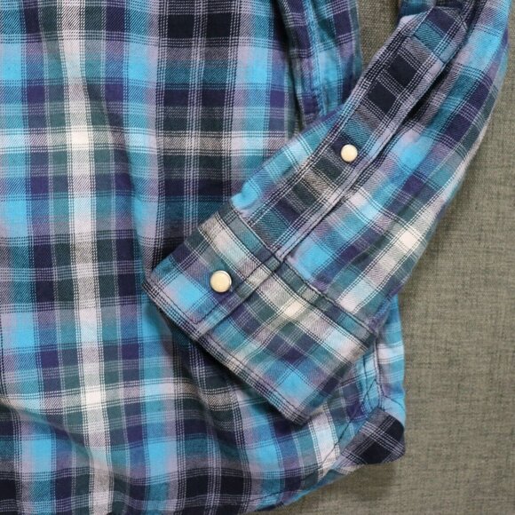 Sun + Stone Plaid Western Shirt Mens XL Long Sleeve Soft Blue Plaid Pearl Snap - Picture 7 of 10